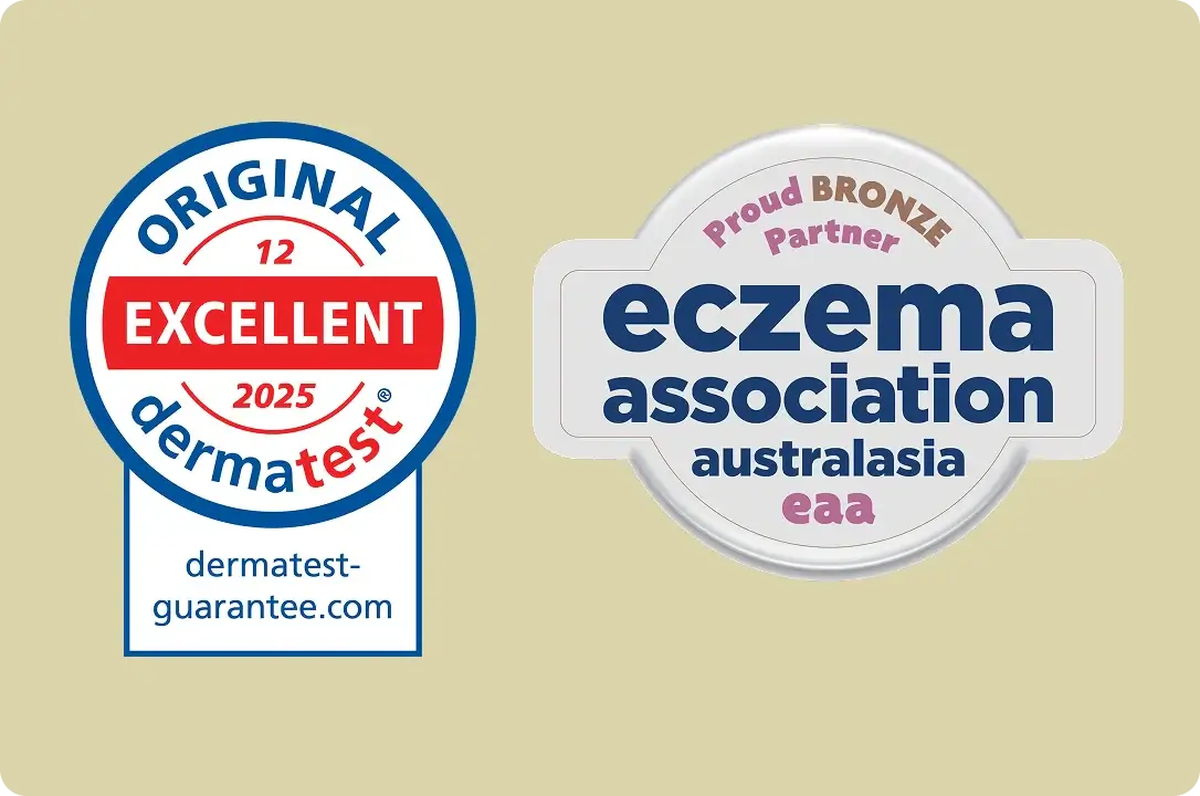 Dermatest Original Excellent 2025 seal and Eczema Association Australasia Proud Bronze Partner certification badges.
